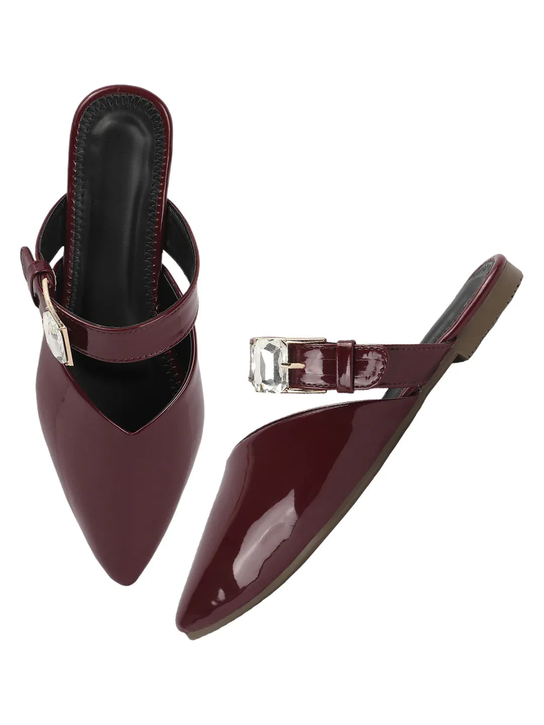 Gloss Finish Crystal Strap Pointed Toe Mules