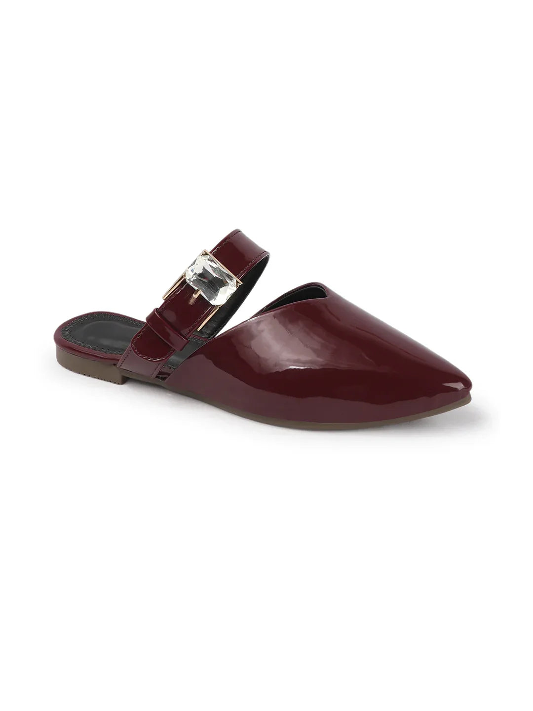 Gloss Finish Crystal Strap Pointed Toe Mules