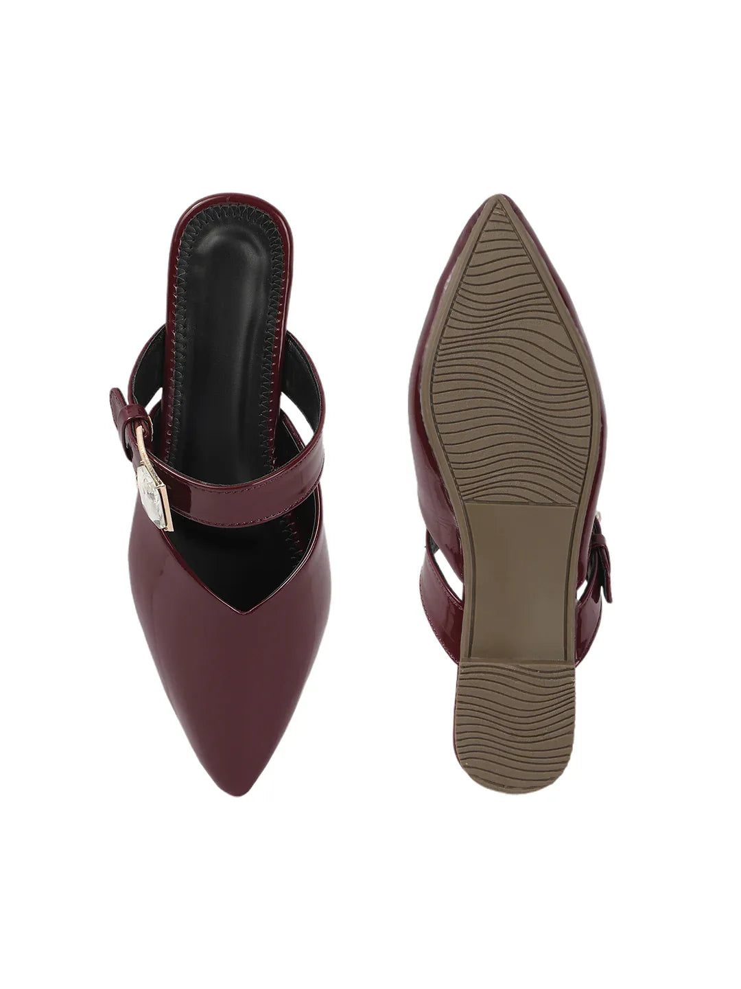 Gloss Finish Crystal Strap Pointed Toe Mules