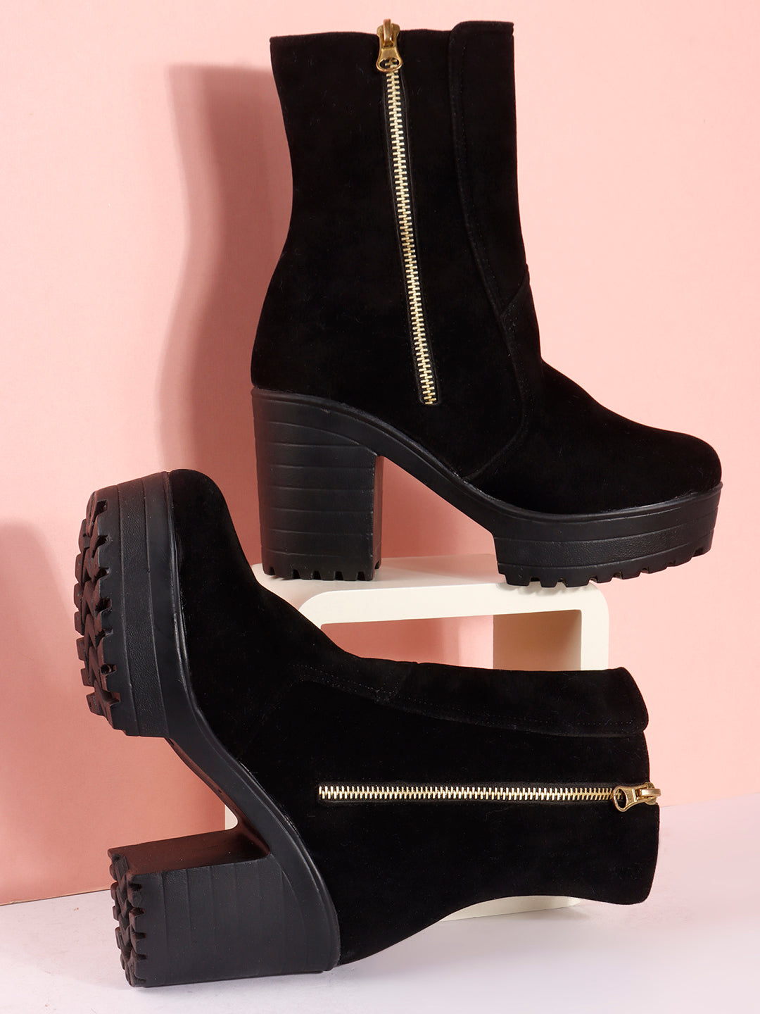 Women’s Black Party Wear Ankle Boots with Chunky Heel