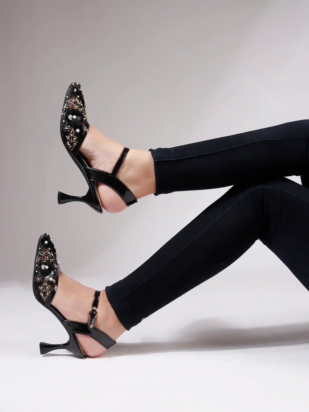 Festive Mesh Embellished Mid Heel Sandals