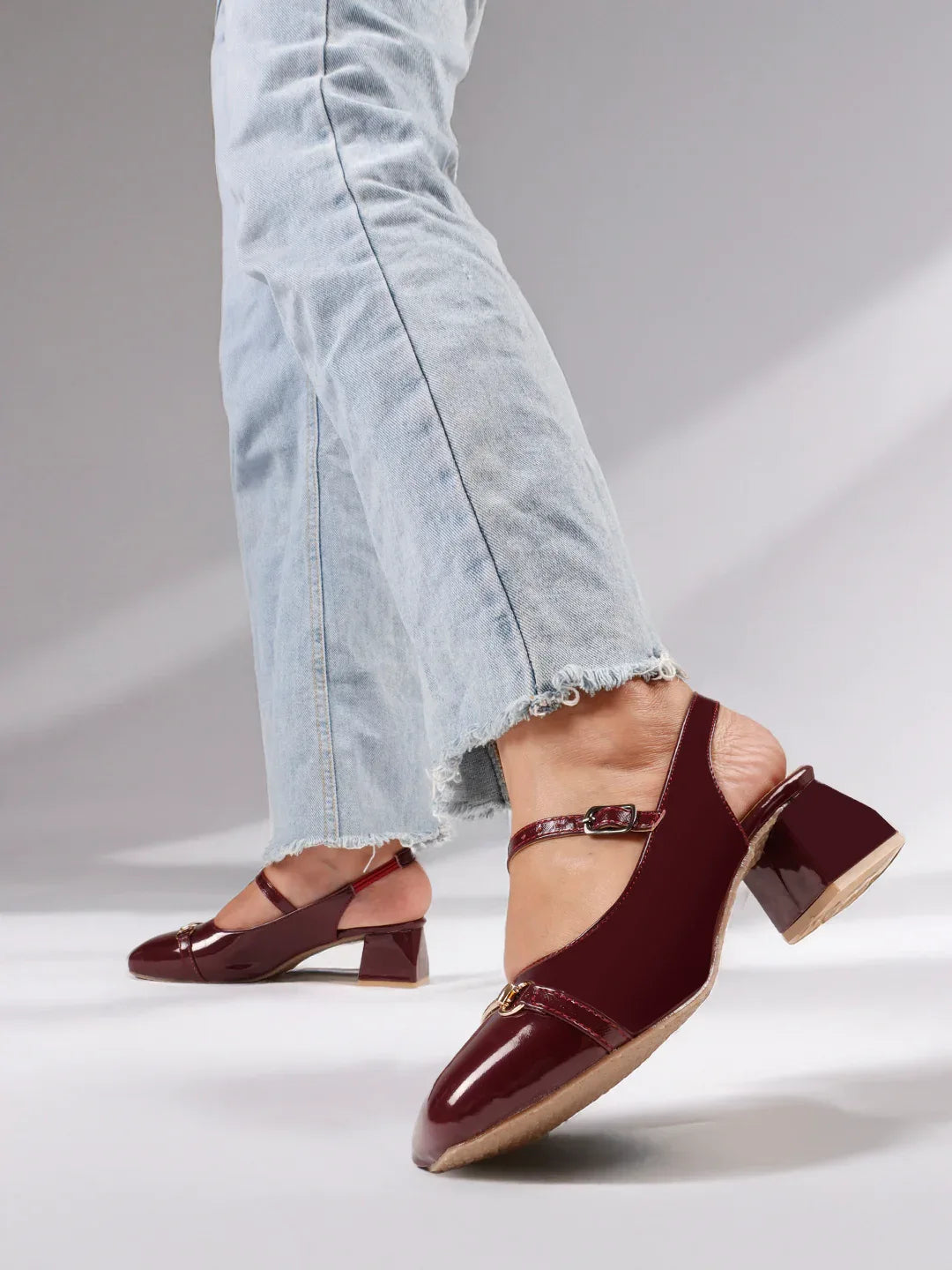 Classic Patent Strap Mid Heel Pumps
