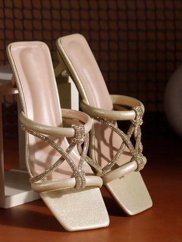 Shimmer Strap Open-Toe Mid Heels