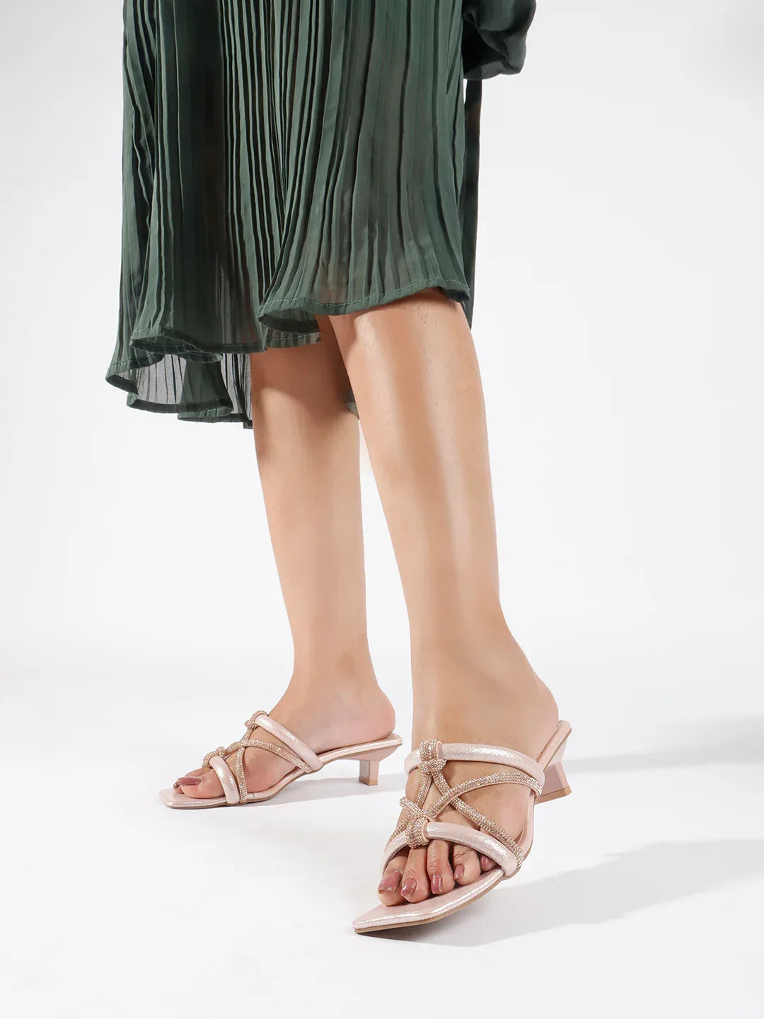 Shimmer Strap Open-Toe Mid Heels