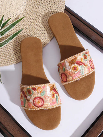 TRYME Trendy Embroidered Slip-on Flat Sandals For Women And Girls