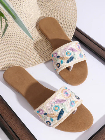 TRYME Trendy Embroidered Slip-on Flat Sandals For Women And Girls