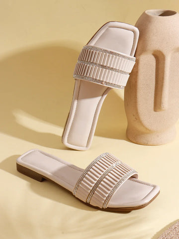TRYME Trendy Square Toe Slip-on Flat Sandals For Women And Girls