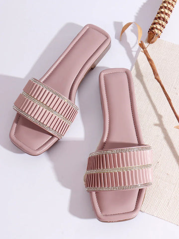 TRYME Trendy Square Toe Slip-on Flat Sandals For Women And Girls
