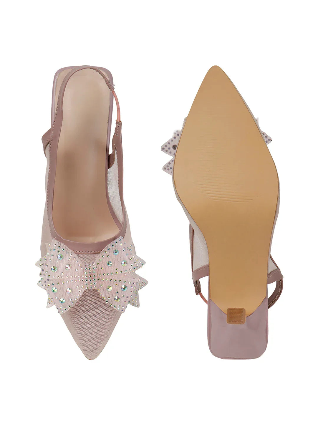 Glam Studded Bow Pointed Slingback Heels