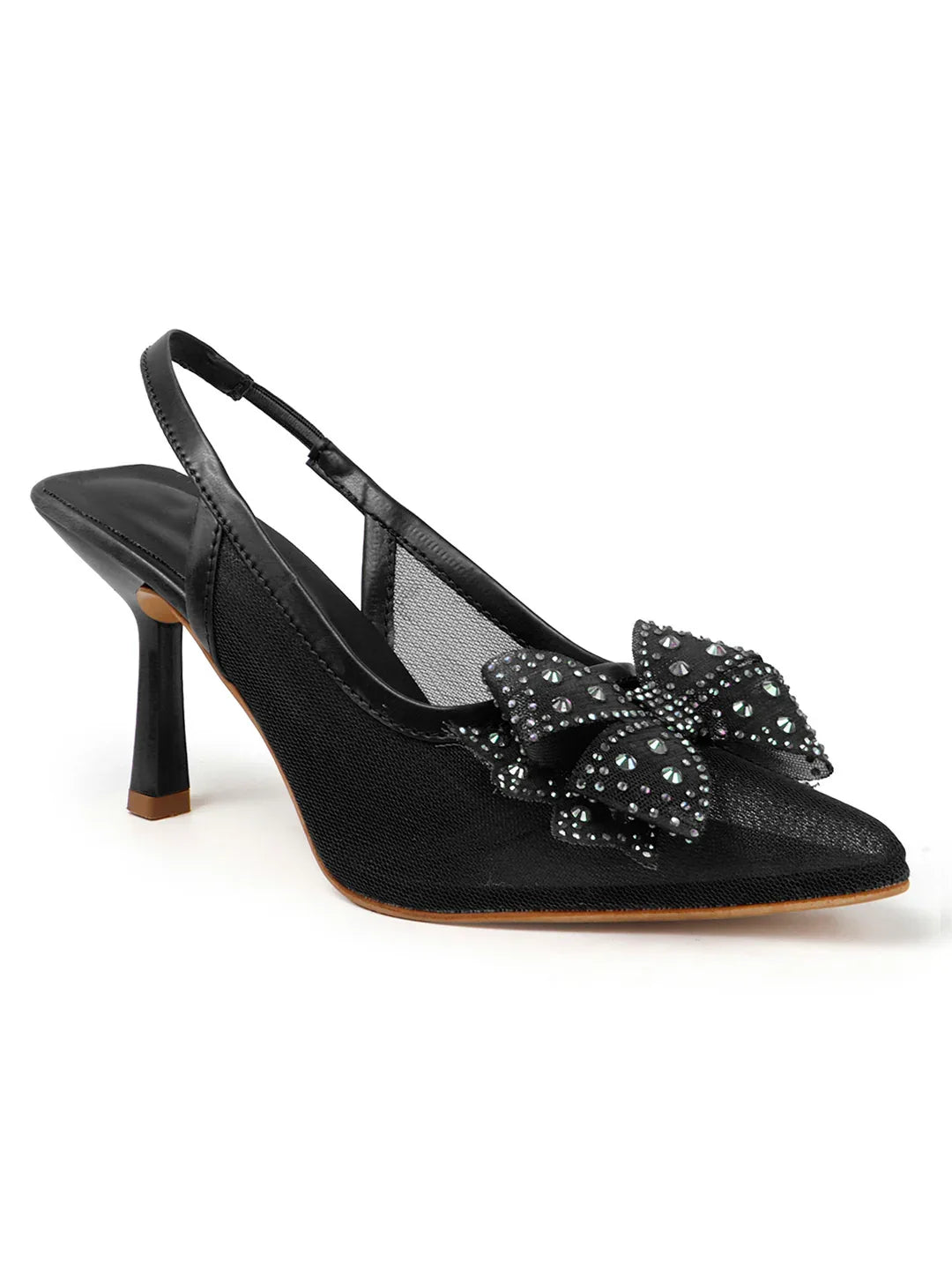 Glam Studded Bow Pointed Slingback Heels