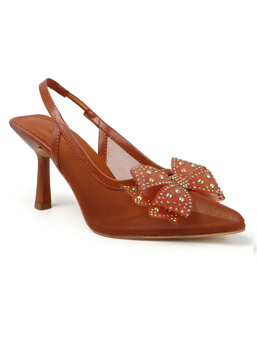 Glam Studded Bow Pointed Slingback Heels