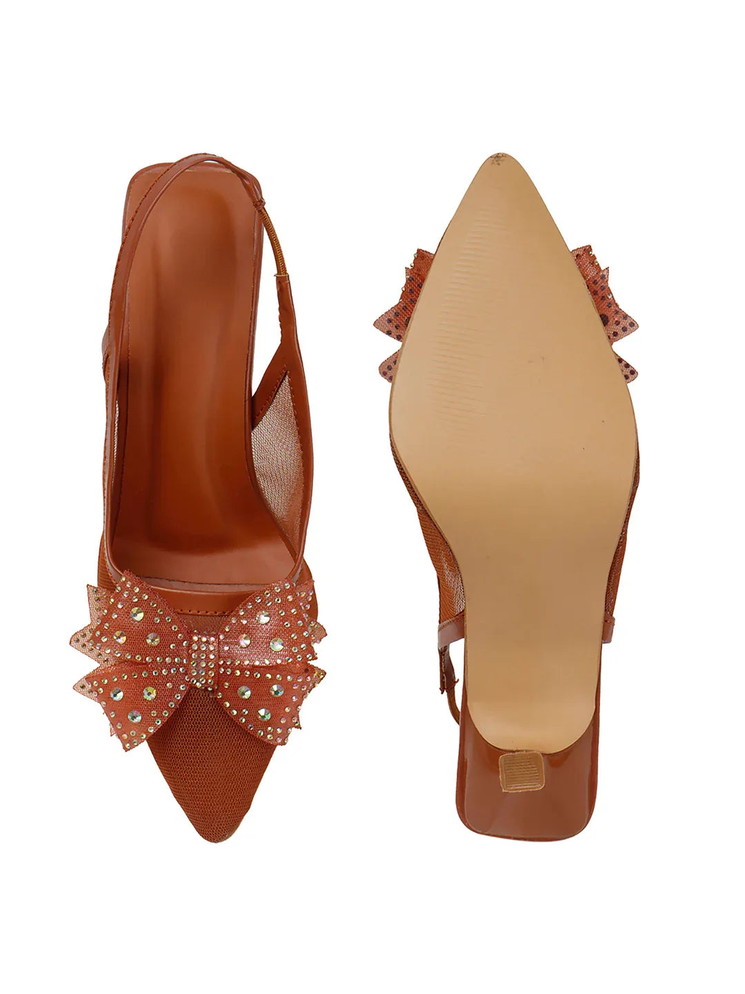 Glam Studded Bow Pointed Slingback Heels