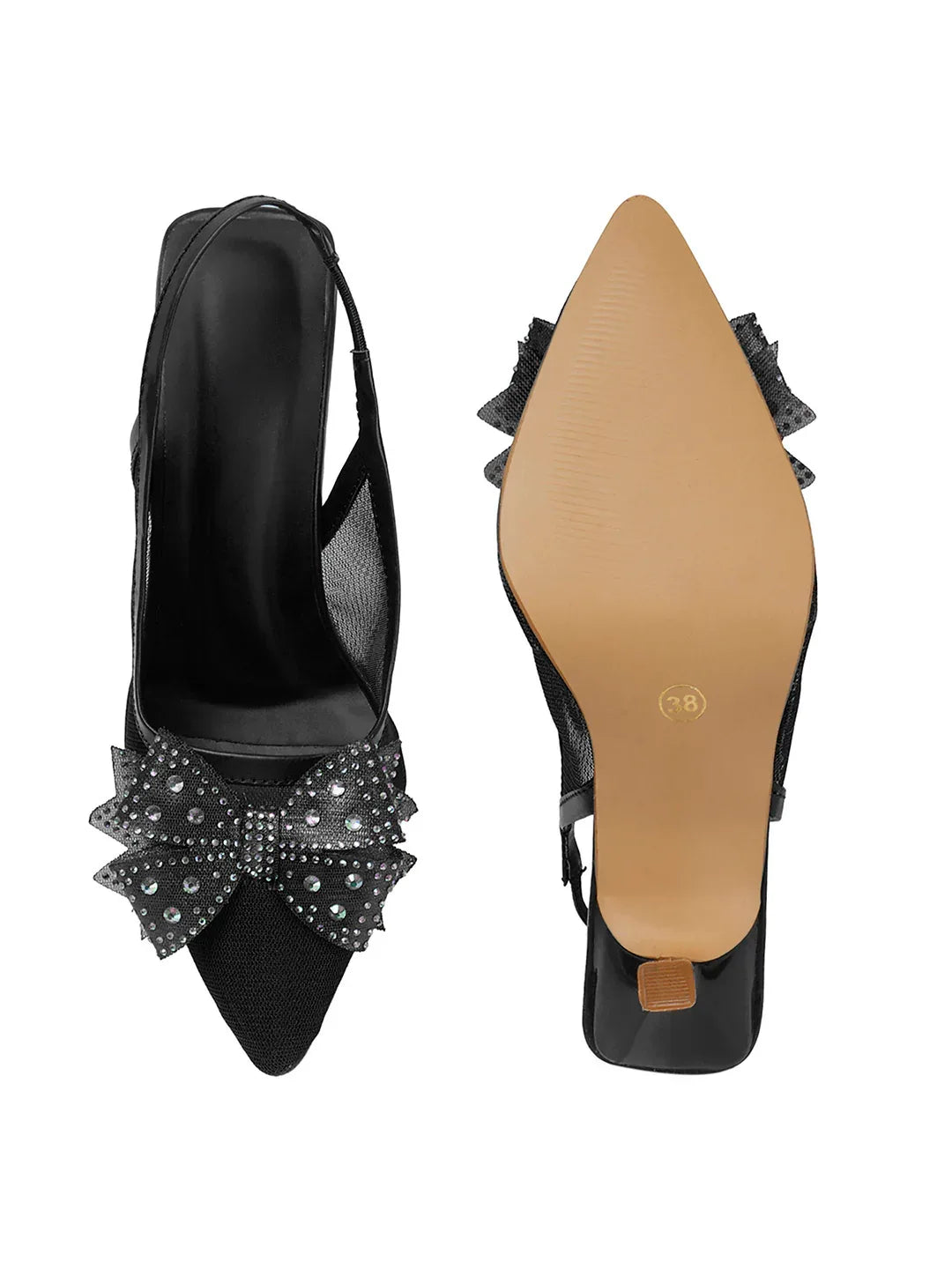 Glam Studded Bow Pointed Slingback Heels