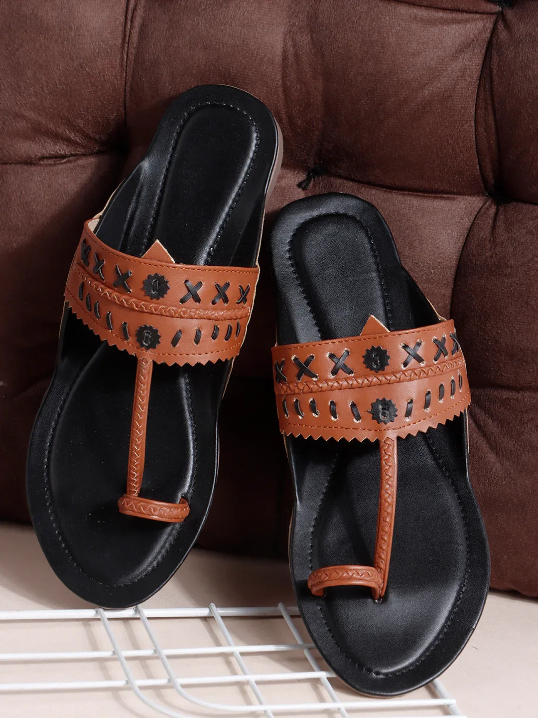 Embroidered Strap Flat Sandals