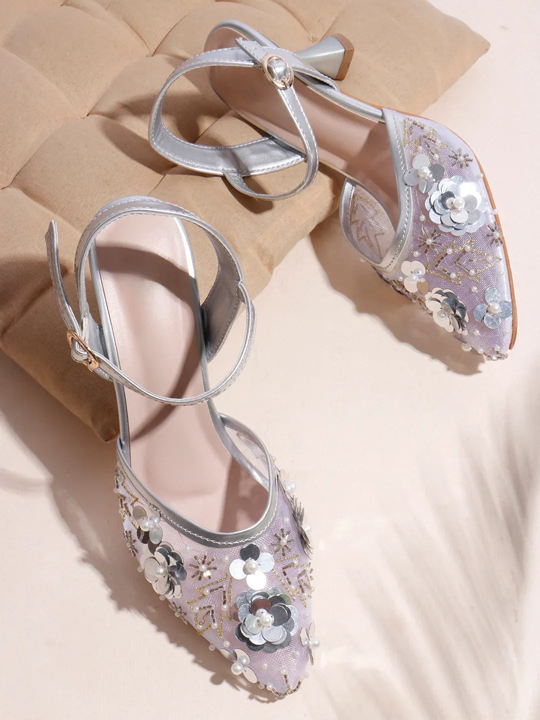 Festive Mesh Embellished Mid Heel Sandals