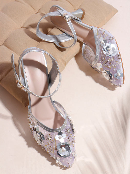 Festive Mesh Embellished Mid Heel Sandals