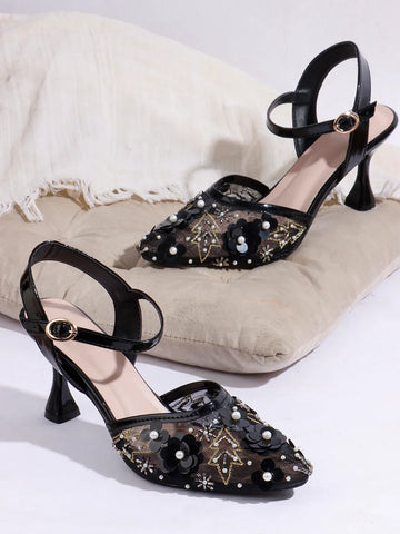 Festive Mesh Embellished Mid Heel Sandals