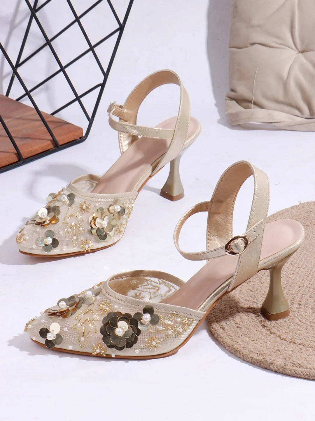 Festive Mesh Embellished Mid Heel Sandals