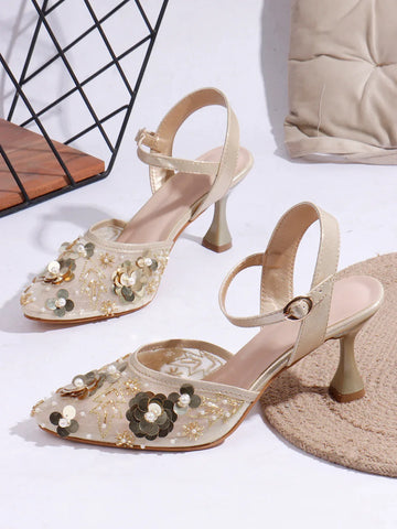 Festive Mesh Embellished Mid Heel Sandals