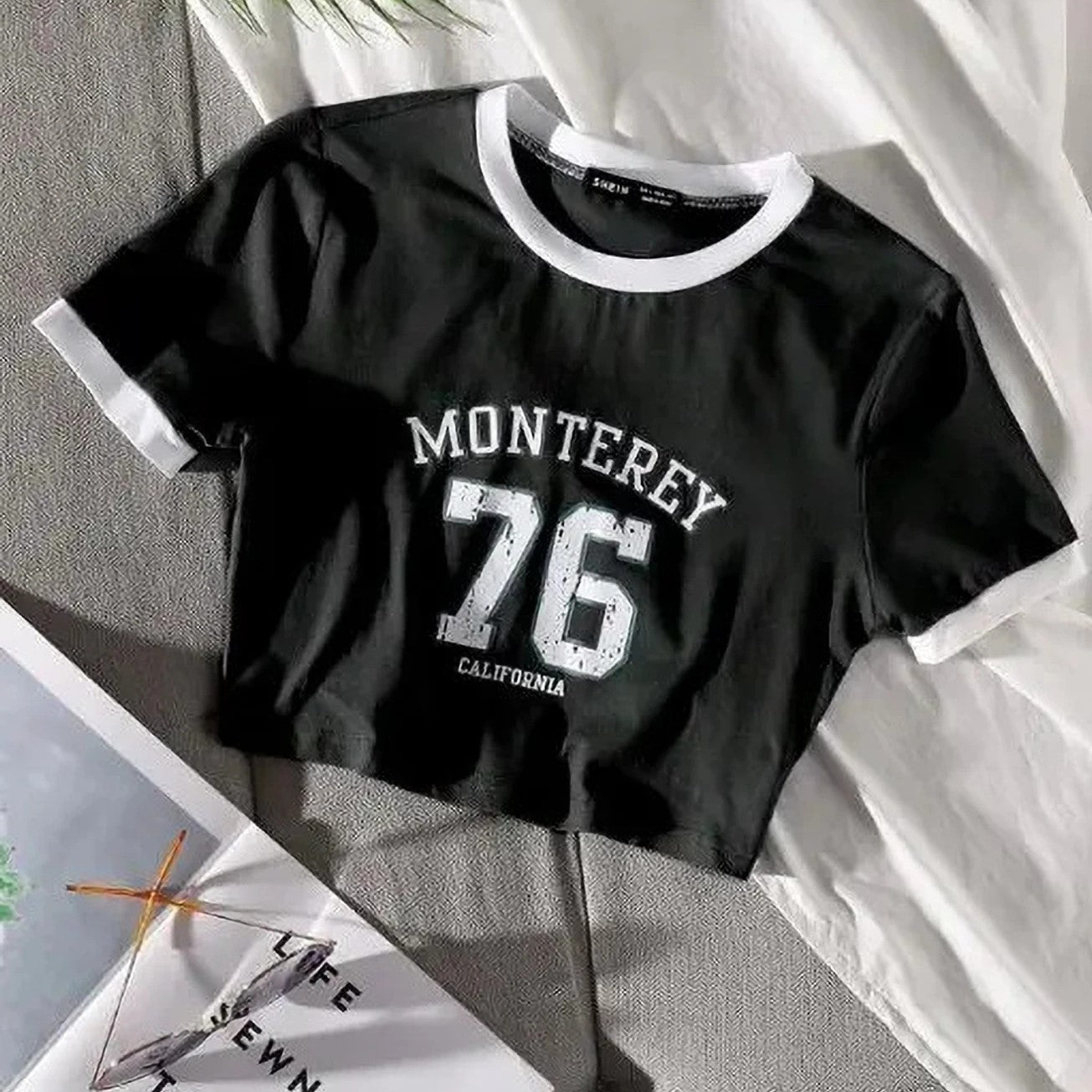 Monterey 76 Graphic Ringer Crop Tee-Black
