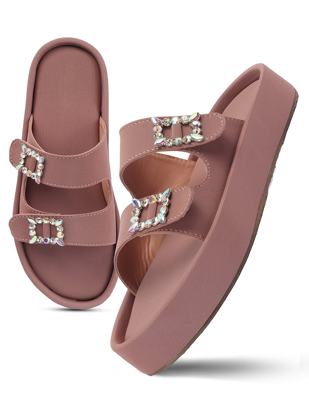Dual-Strap Rhinestone Buckle Slide Soft Casual Flats