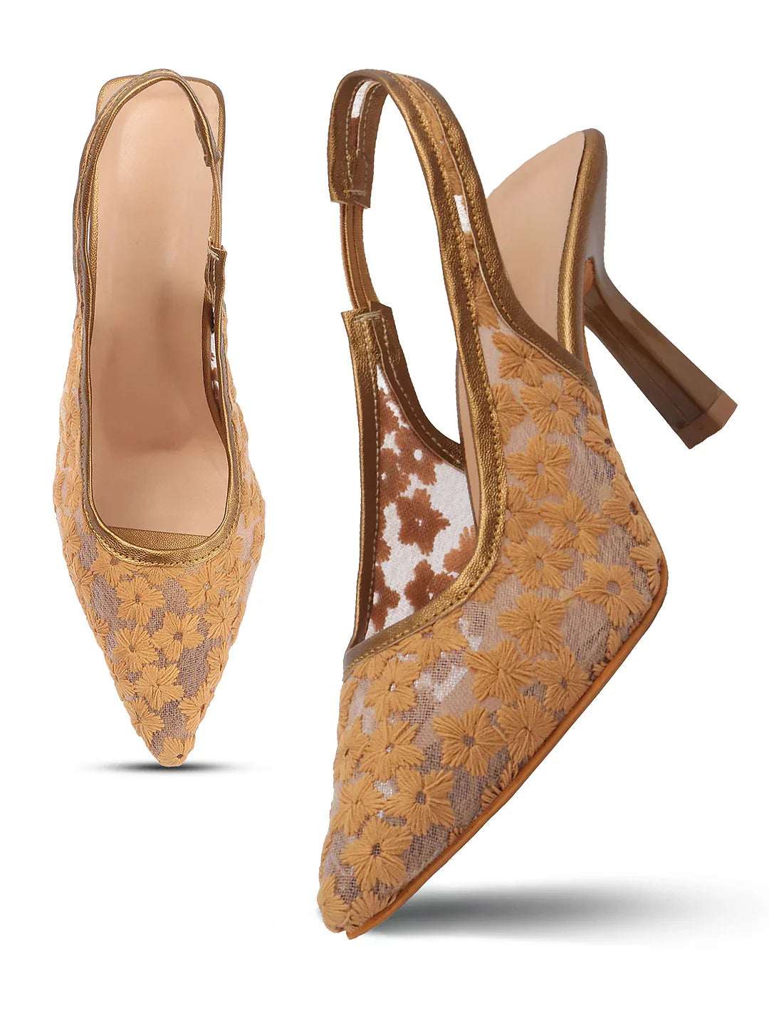 Embroidered Pointed Toe Slingback Heels with Mesh Design