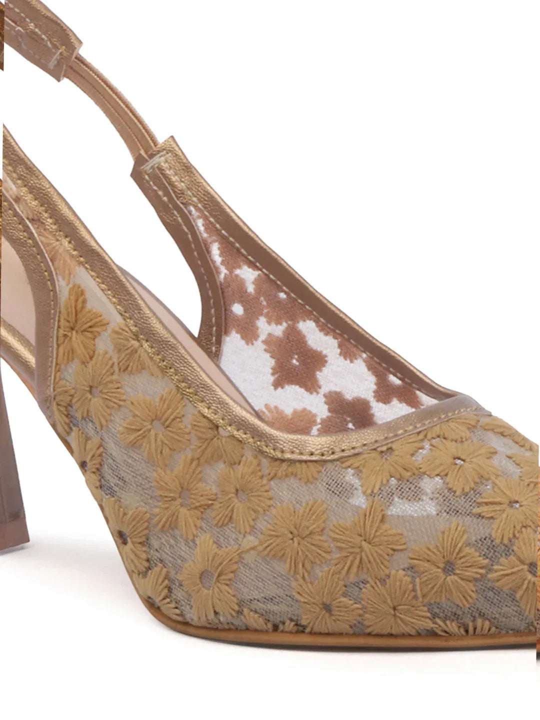 Embroidered Pointed Toe Slingback Heels with Mesh Design