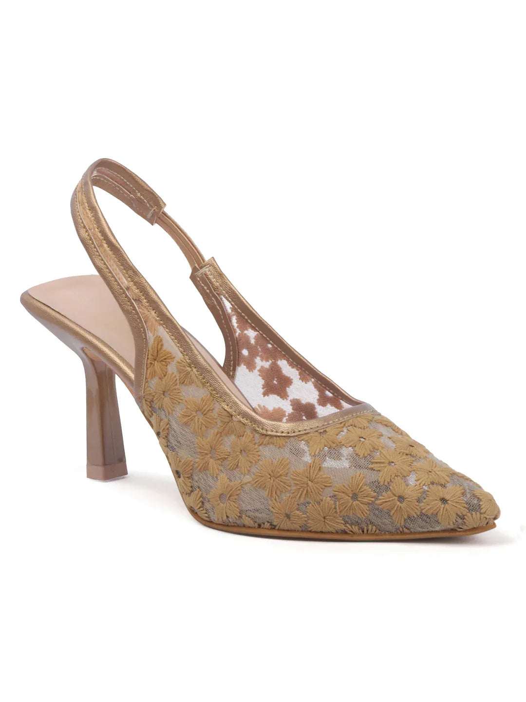 Embroidered Pointed Toe Slingback Heels with Mesh Design