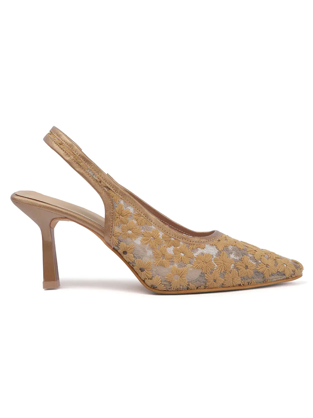 Embroidered Pointed Toe Slingback Heels with Mesh Design
