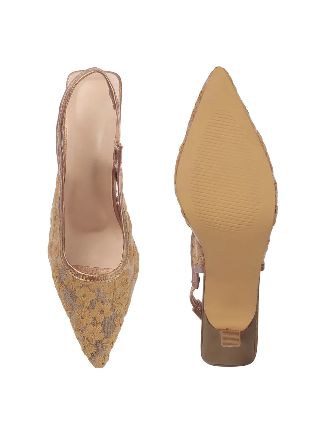 Embroidered Pointed Toe Slingback Heels with Mesh Design