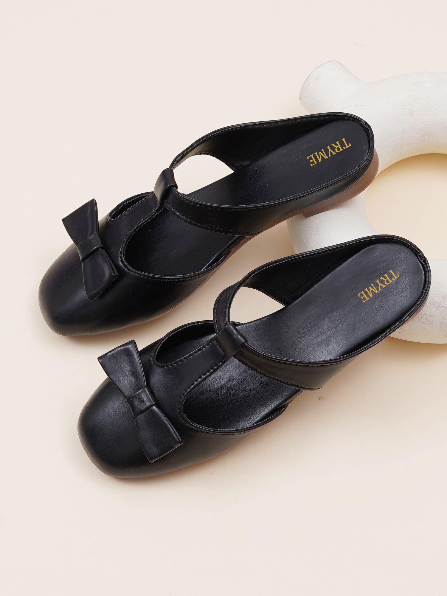 Casual Slip-On Women's Bow Detail T-Strap Mule Flats-Black