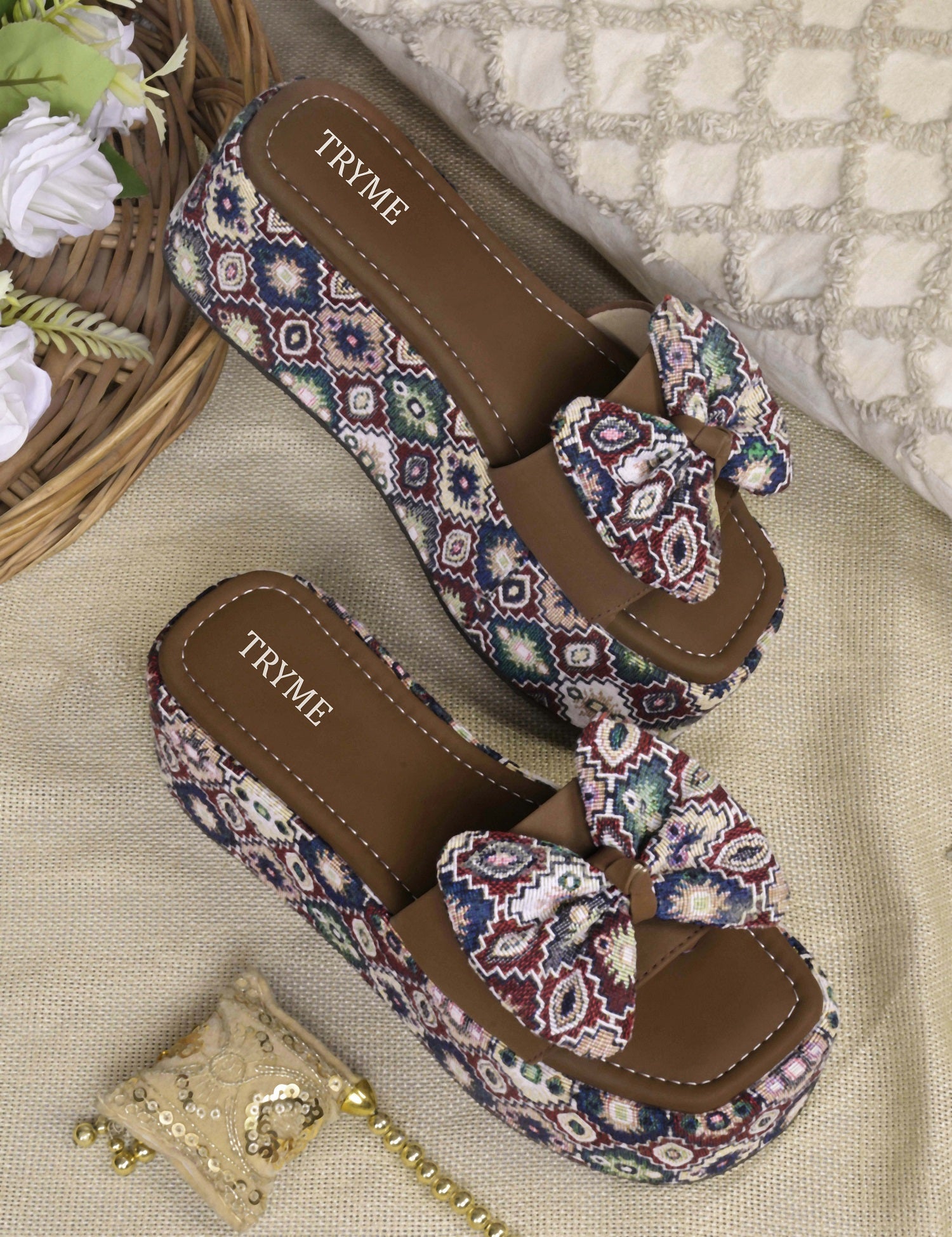 Tribal Boho Bow Printed Platform Wedge Slides
