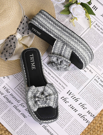 Cozy Knot Knitted Bow Platform Wedge Slides
