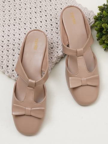 Casual Slip-On Women's Bow Detail T-Strap Mule Flats-Beige