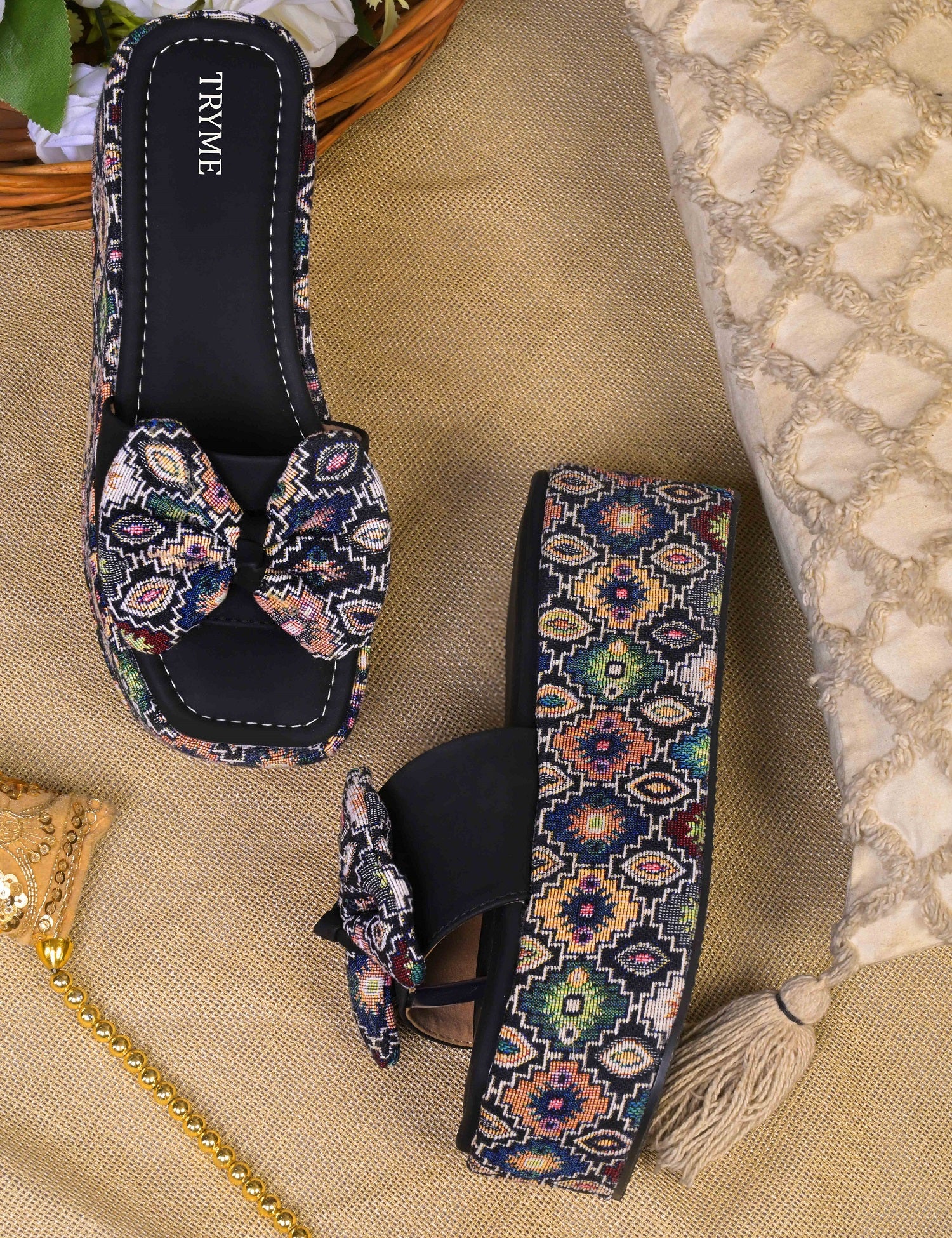 Tribal Boho Bow Printed Platform Wedge Slides