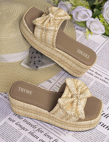 Cozy Knot Knitted Bow Platform Wedge Slides