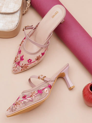 Embroidered Floral Mesh Slingback Kitten Heels