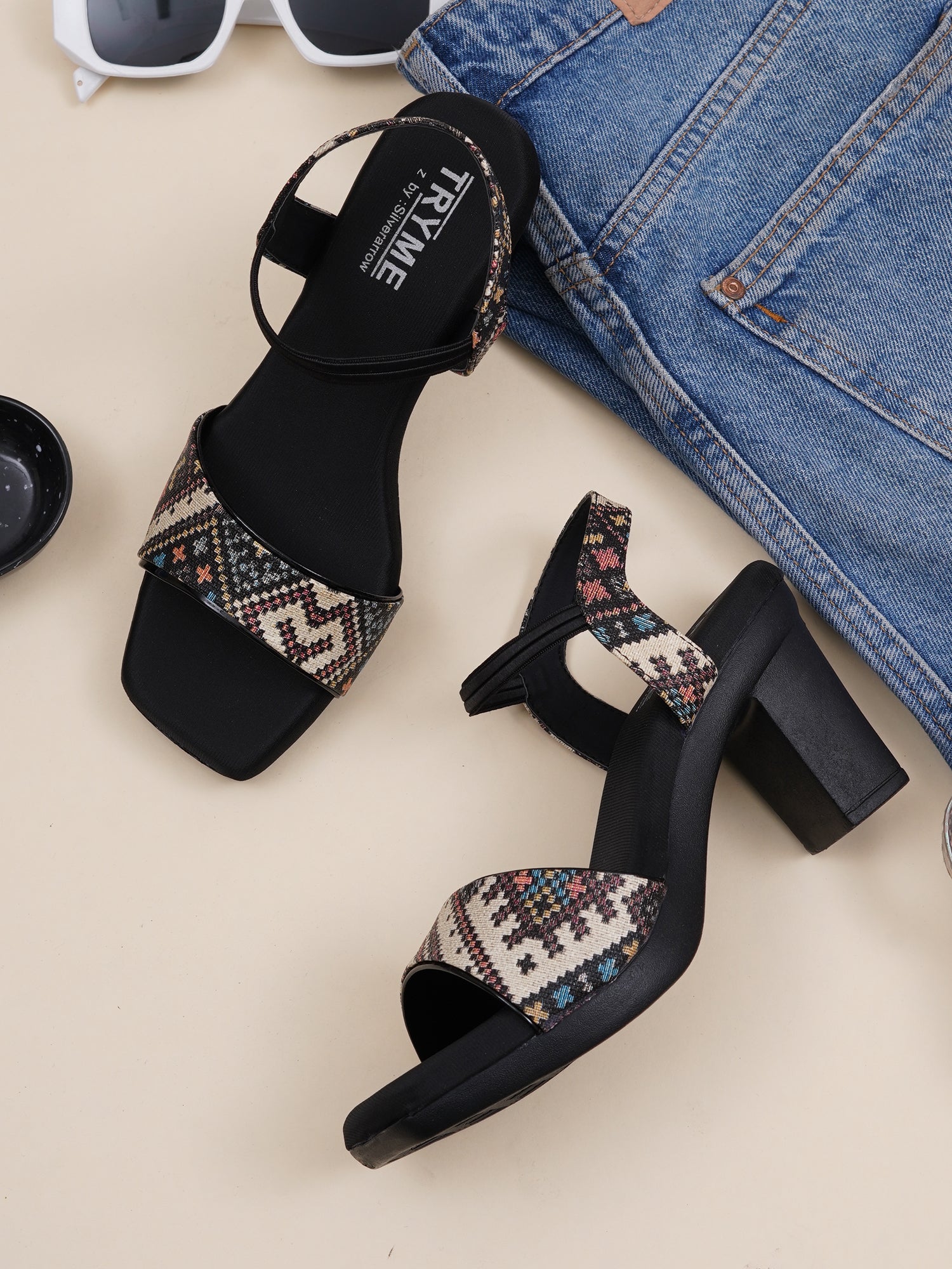 Boho Print Slingback Square Toe Block Heel Sandals