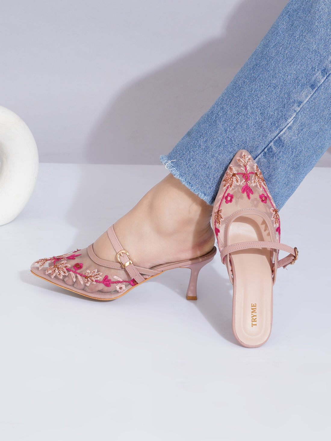 Embroidered Floral Mesh Slingback Kitten Heels