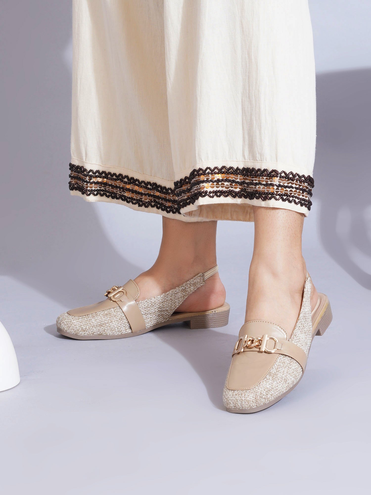 Fashion Tweed Chain Detail Slingback Mules
