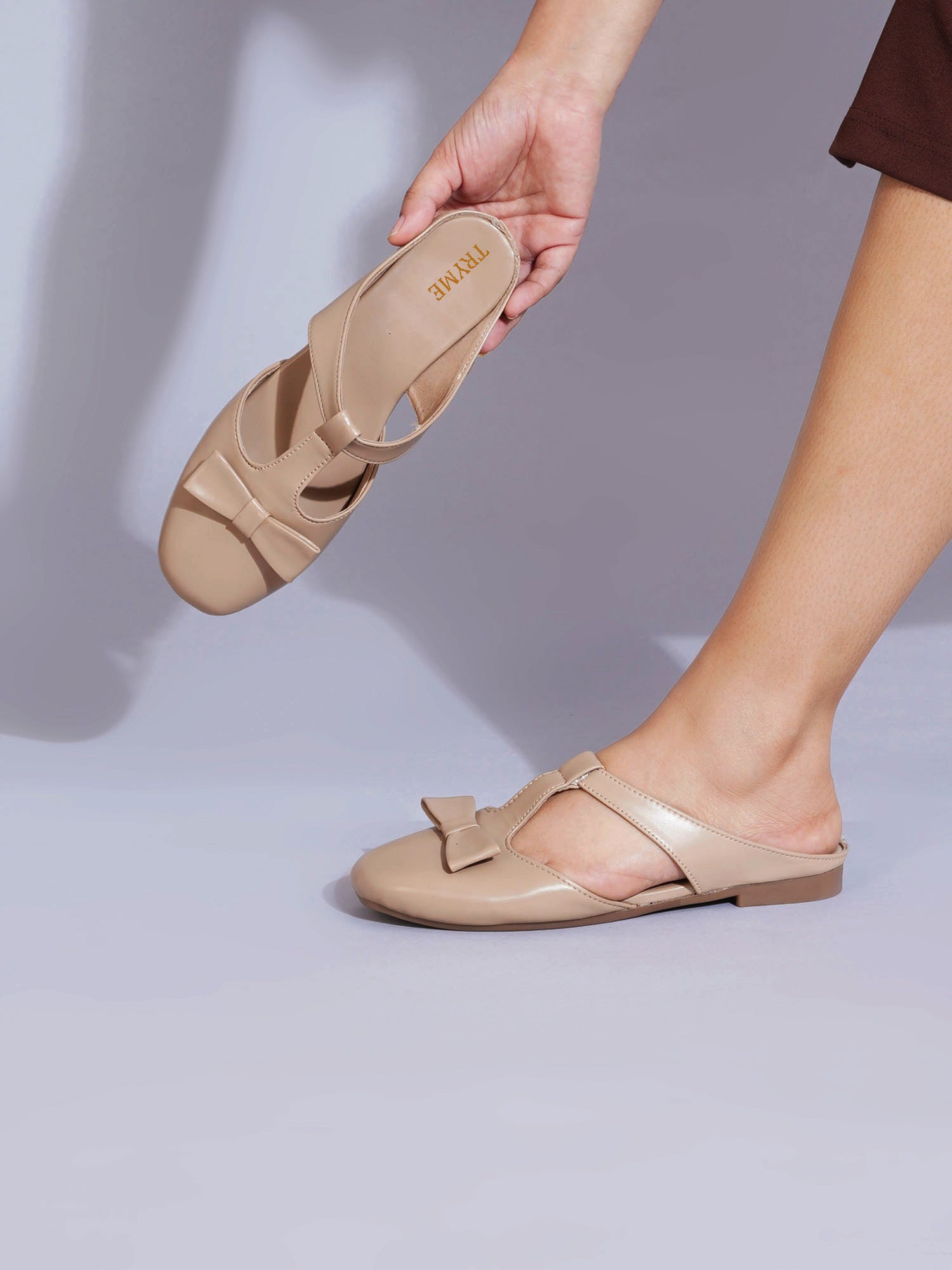 Casual Slip-On Women's Bow Detail T-Strap Mule Flats-Beige