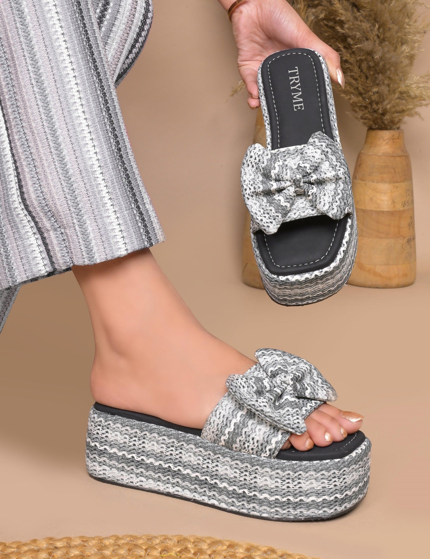 Cozy Knot Knitted Bow Platform Wedge Slides