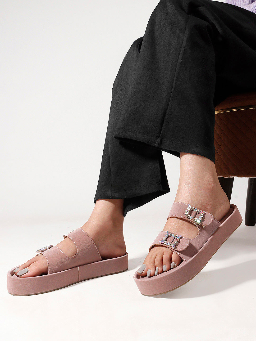 Dual-Strap Rhinestone Buckle Slide Soft Casual Flats