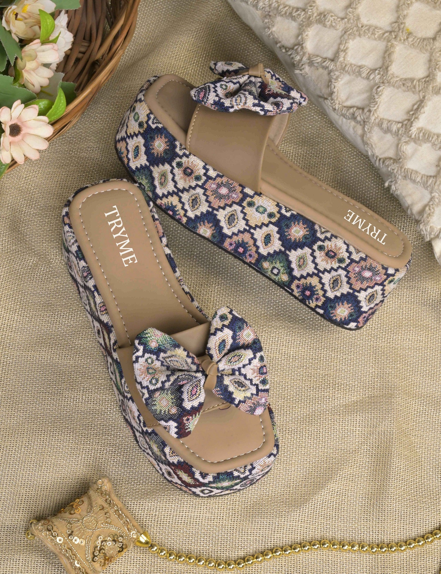 Tribal Boho Bow Printed Platform Wedge Slides