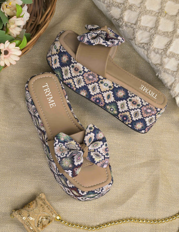 Tribal Boho Bow Printed Platform Wedge Slides