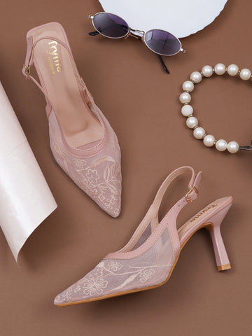 Floral Embroidered Mesh Slingback Kitten Heels