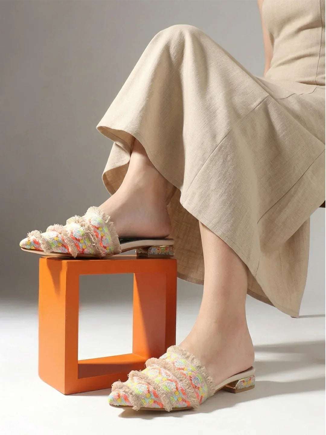 Ethnic Print Pointed Toe Mule with Fringe Accents
