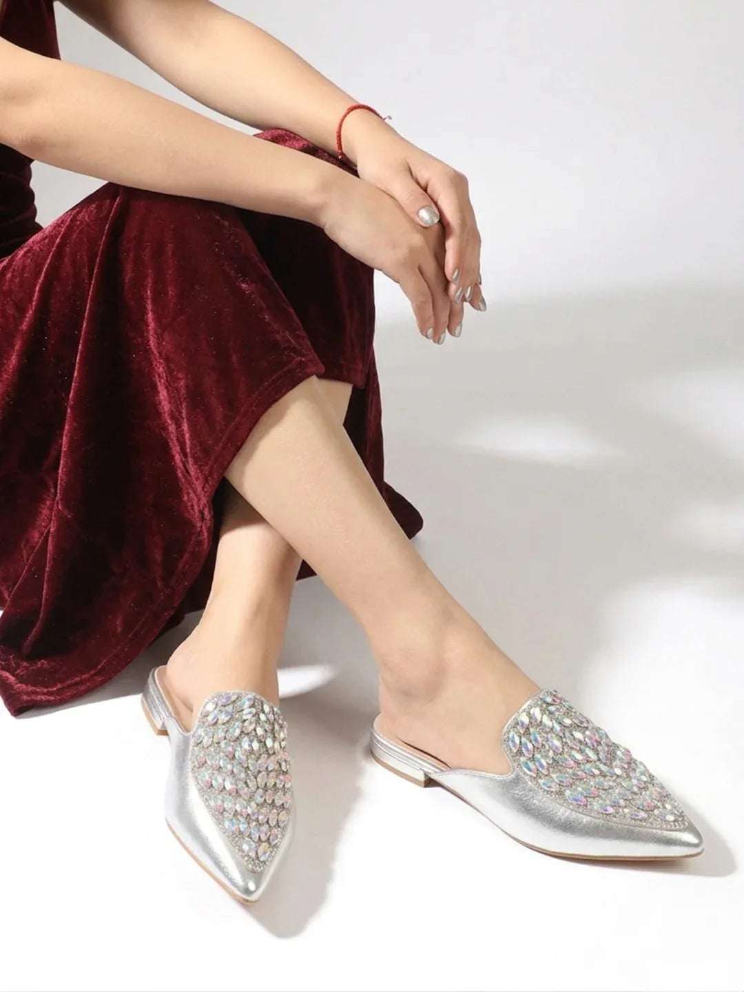 Crystal Embellished Pointed Toe Mule Flats