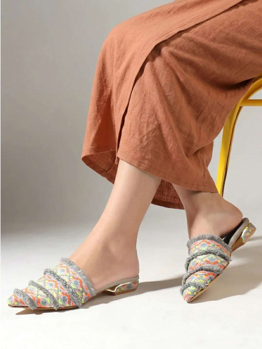 Ethnic Print Pointed Toe Mule with Fringe Accents