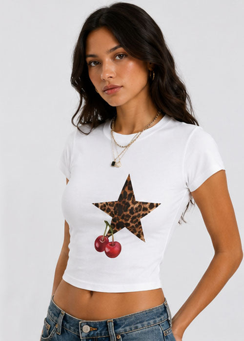 Leopard Star & Cherry Graphic Slim Fit Crop Top – White